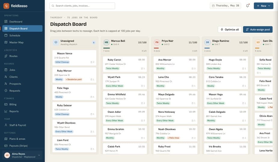 FieldLasso fictional demo dispatch board with sample jobs arranged in technician columns