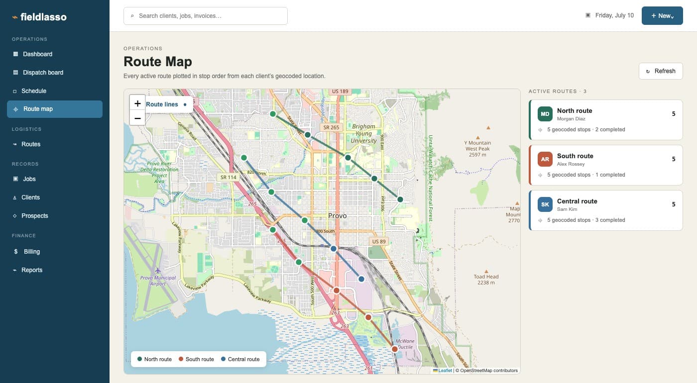 FieldLasso fictional demo route map with a sample day of stops in suggested visit order