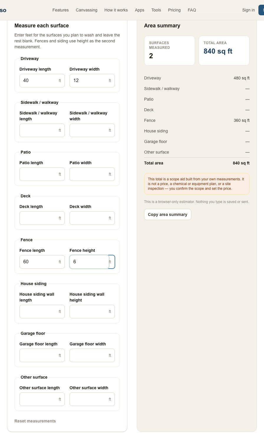FieldLasso fictional demo exterior-area estimator with editable measurements