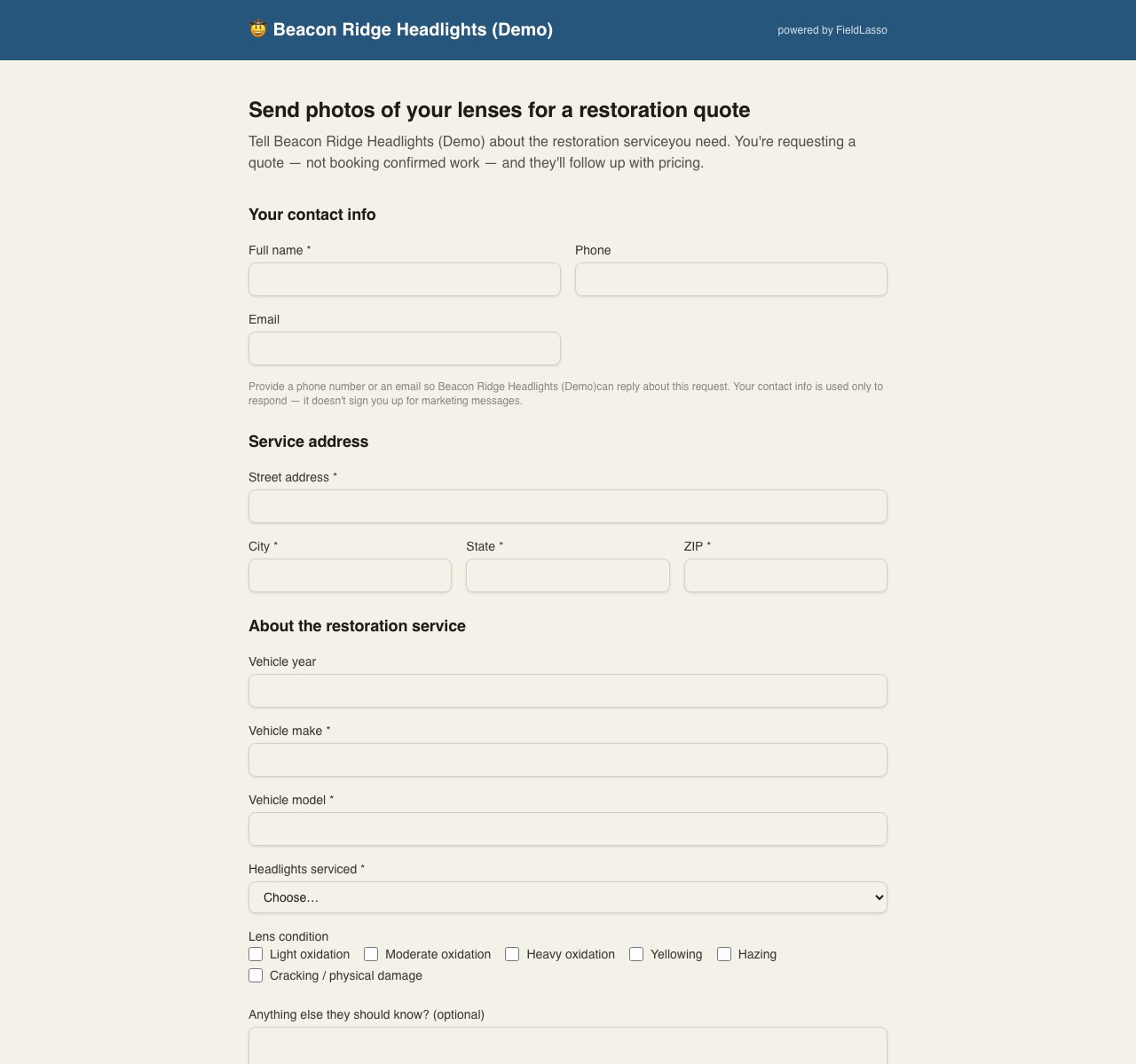 FieldLasso fictional demo headlight-restoration request form with vehicle and restoration-scope fields