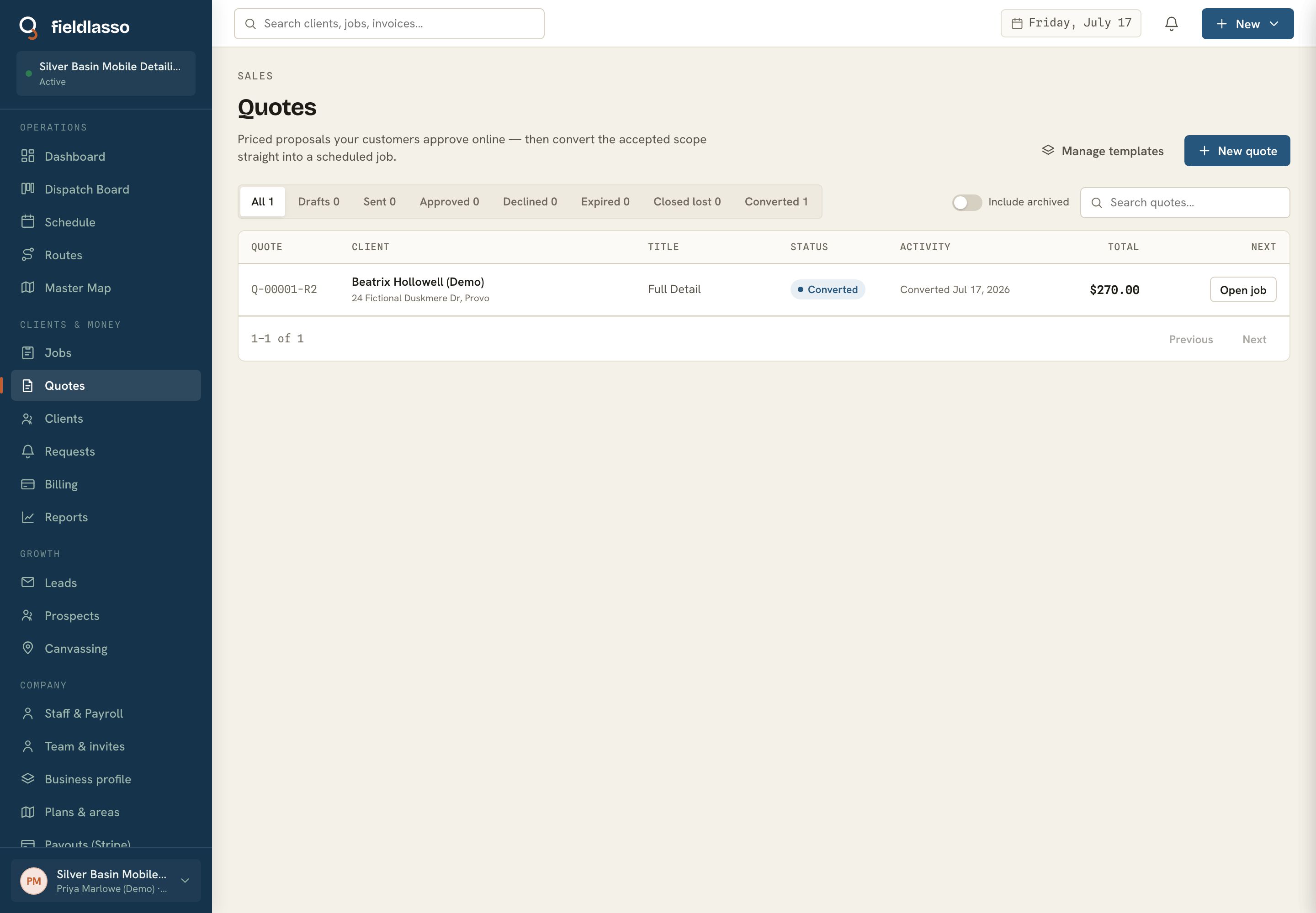 FieldLasso fictional demo mobile-detailing quote list with a converted full-detail quote