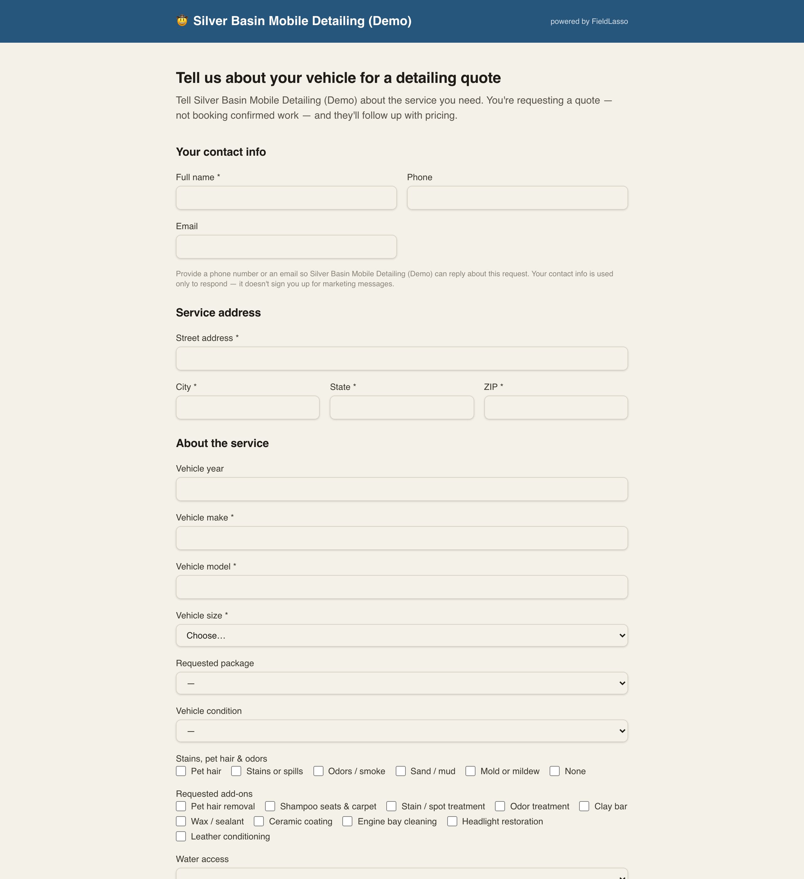 FieldLasso fictional demo mobile-detailing request form with vehicle, package, condition, and access fields