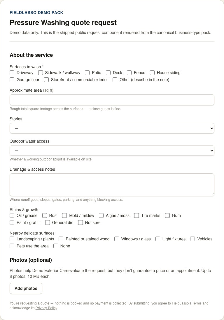 FieldLasso fictional demo pressure-washing quote-request form